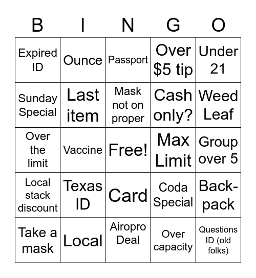 Budtender Bingo Card