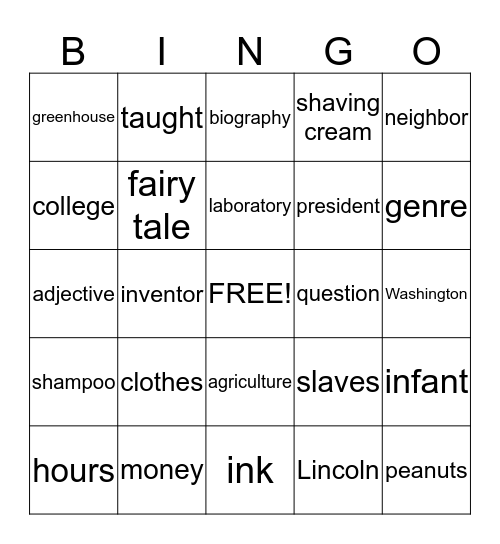 George Washington Carver Bingo Card