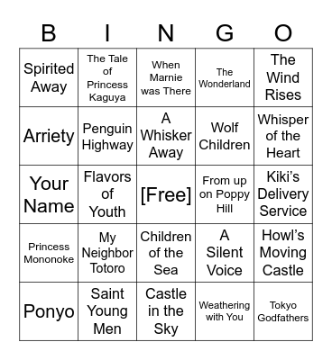 Anime Movies Bingo Card