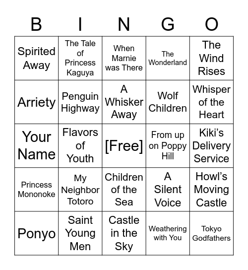 Anime Movies Bingo Card