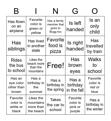 All About You Bingo Card