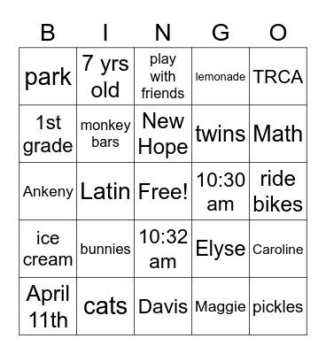 Elyse and Caroline Birthday Bingo Card