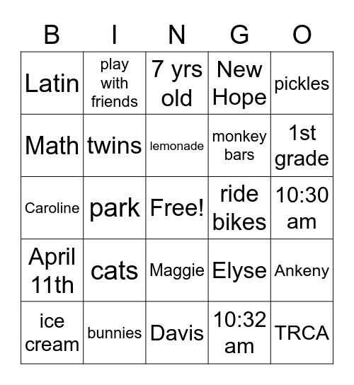 Elyse and Caroline Birthday Bingo Card