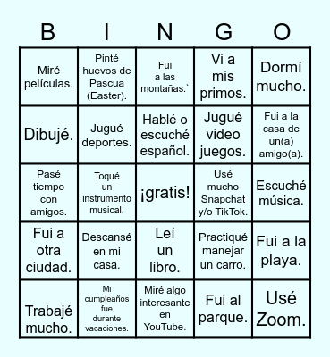 Las vacaciones de primavera: ¿Qué hiciste? Bingo Card