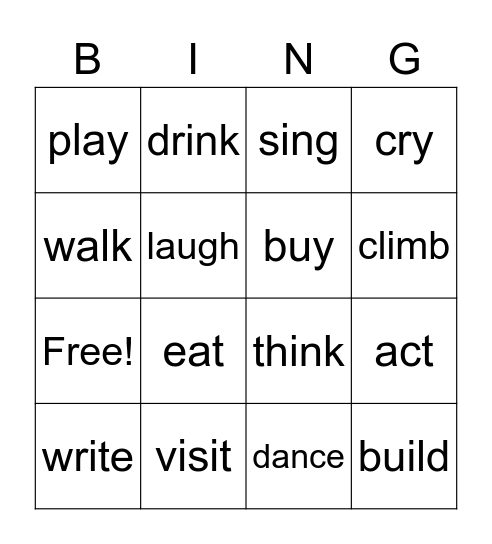 Action Verbs Bingo Card