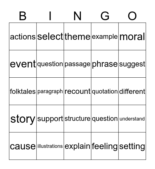 Reading Literature Vocabulary Bingo Card