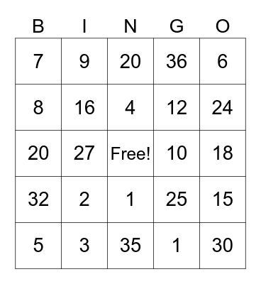 Multiplication Bingo Card