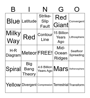 Earth Science Semester 1 Bingo Card