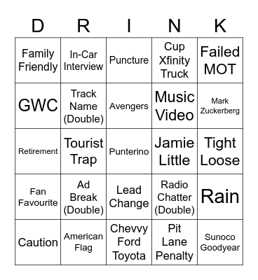 NASCAR Bingo Card