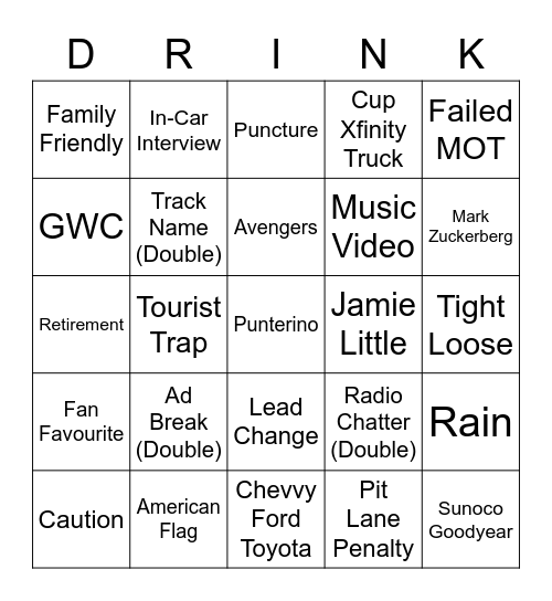 NASCAR Bingo Card