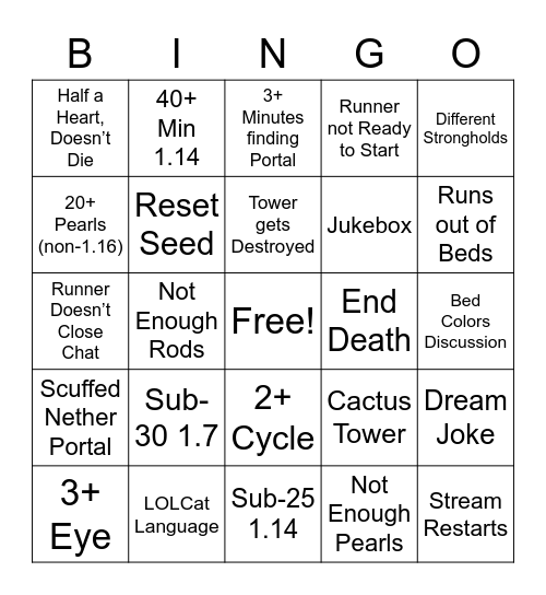 Relay Race Bingo (v1) Bingo Card