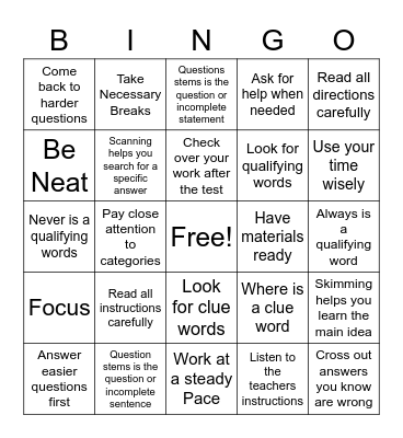 Test- Taking Skills Bingo Card