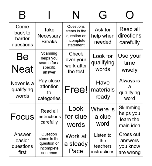 Test- Taking Skills Bingo Card