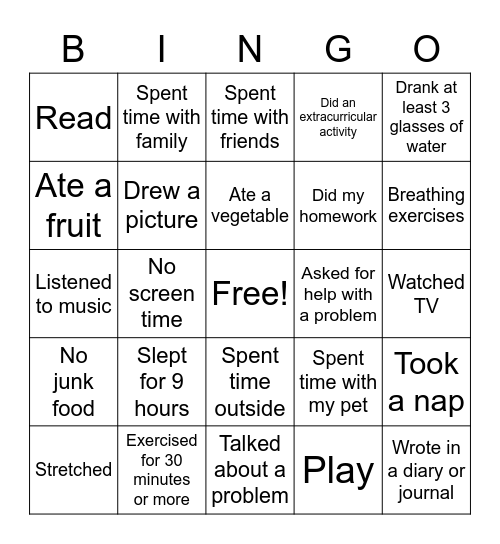 Things I did today that made me feel good Bingo Card