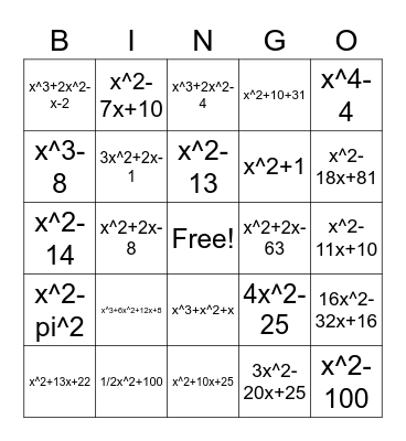 Polynomial Multiplication Bingo Card