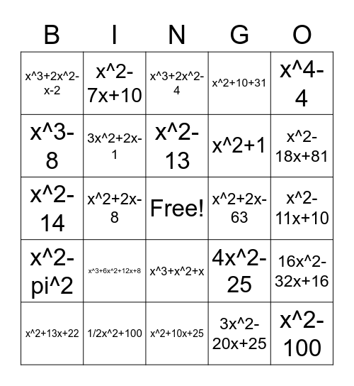 Polynomial Multiplication Bingo Card