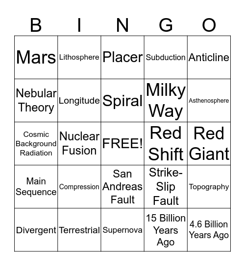Earth Science Semester 1 Bingo Card