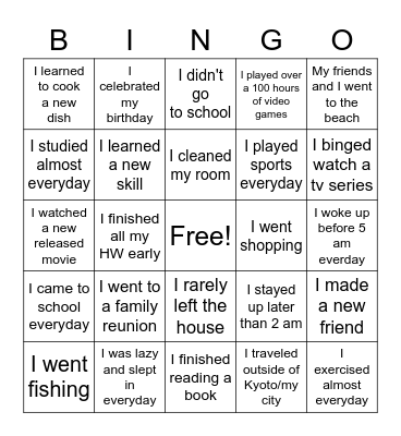Spring Break Bingo Card