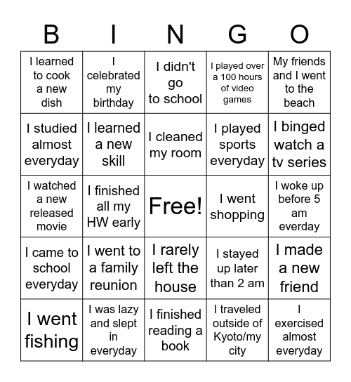 Spring Break Bingo Card