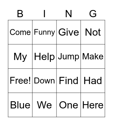 Sight Word Bingo Card
