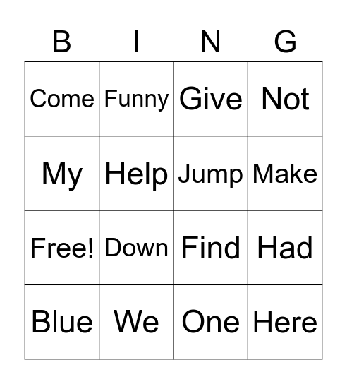 Sight Word Bingo Card