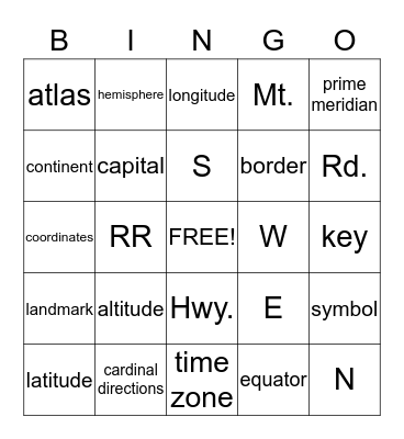 Map Vocabulary Bingo Card