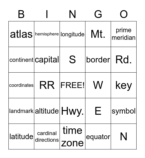 Map Vocabulary Bingo Card