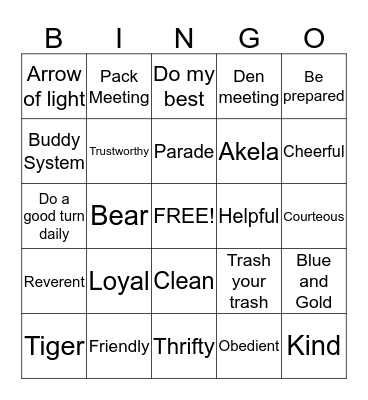 Cub Scout Bingo Card