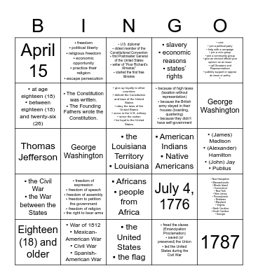 Citizenship Questions 51-75 Bingo Card