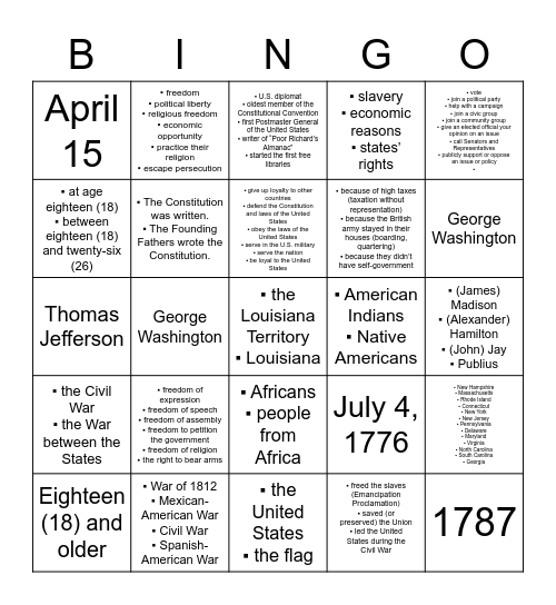 Citizenship Questions 51-75 Bingo Card