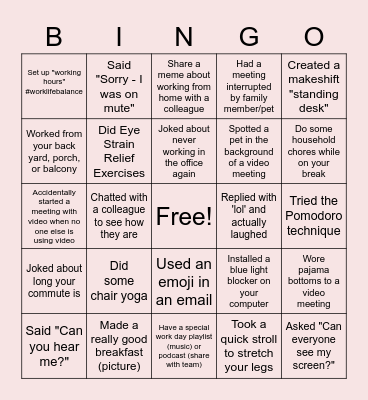 Remote Work Bingo Card