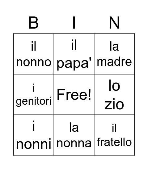 La Famiglia Bingo Card