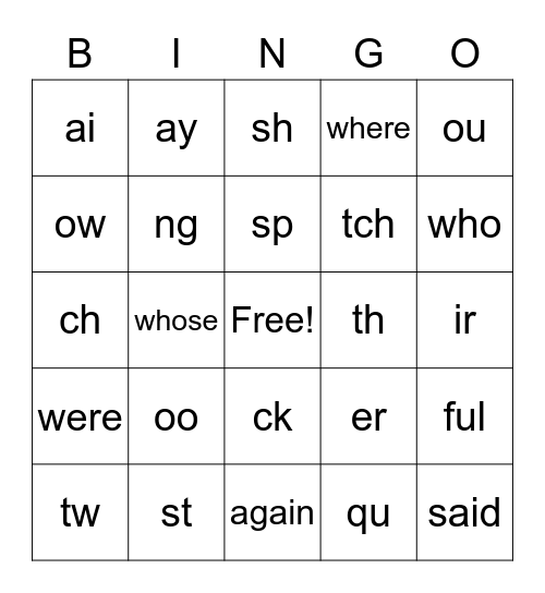 Phonics Bingo Card