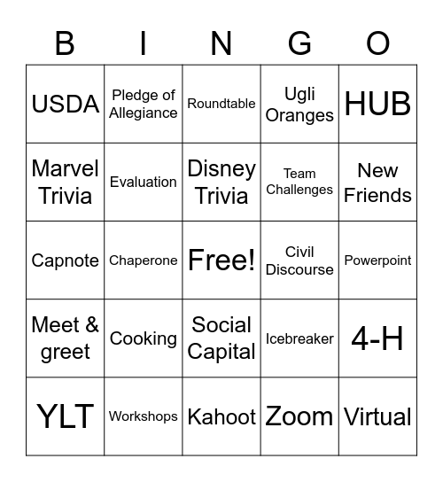National 4-H Conference Bingo Card
