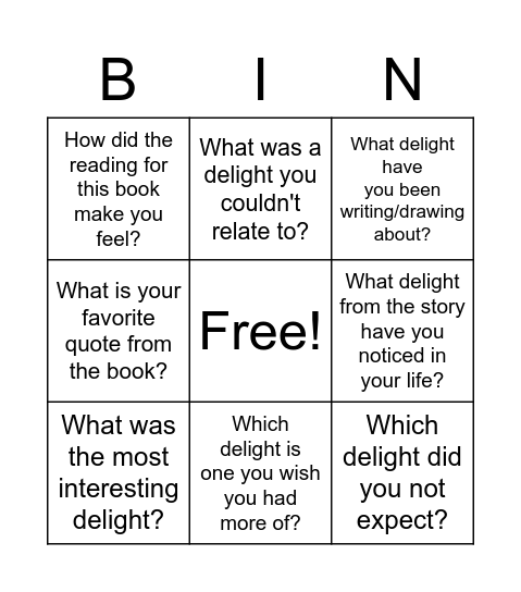 The Book of Delights Bingo Card
