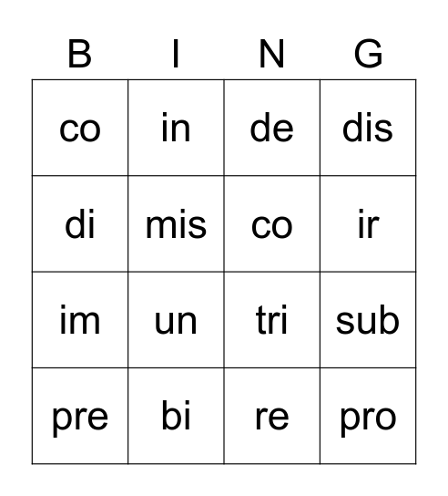 Prefixes - Step 12 Bingo Card