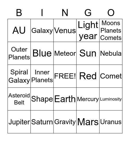 Planets Bingo! Bingo Card