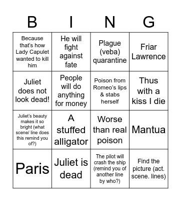 Romeo & Juliet Act 5 Bingo Card