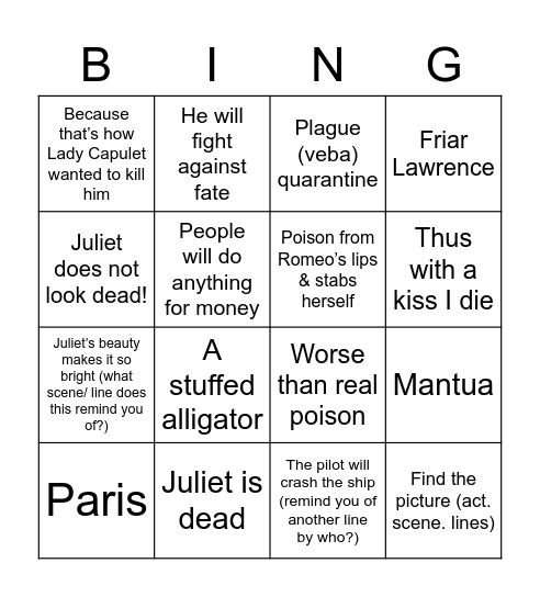 Romeo & Juliet Act 5 Bingo Card