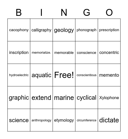 Greek & Latin Roots Review Bingo Card