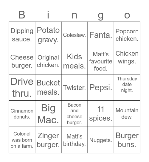 Matt's KFC . Bingo Card
