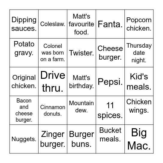 Matt's KFC Bingo. Bingo Card