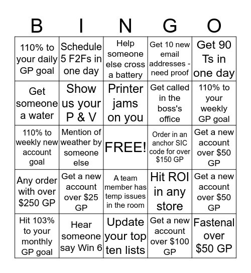 Our Team Bingo Card