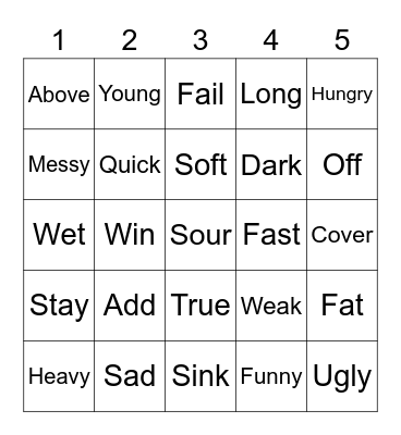 Antonym Bingo Card