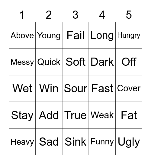 Antonym Bingo Card