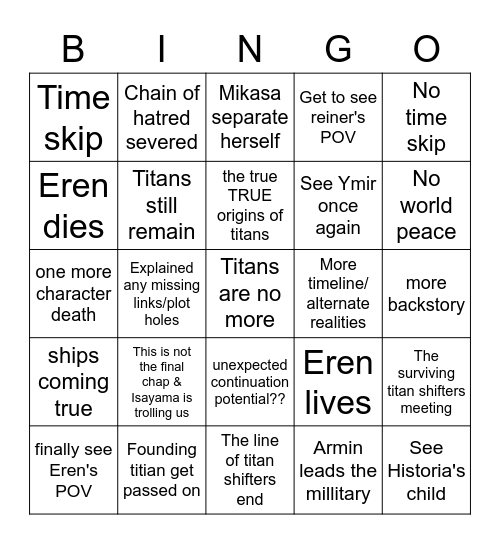 AOT FINAL CHAPTER BINGO Card