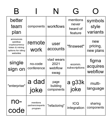 Webflow Community Update Q2 21 with Vlad Bingo Card