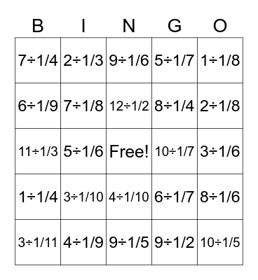 Whole number divided by fraction Bingo Card
