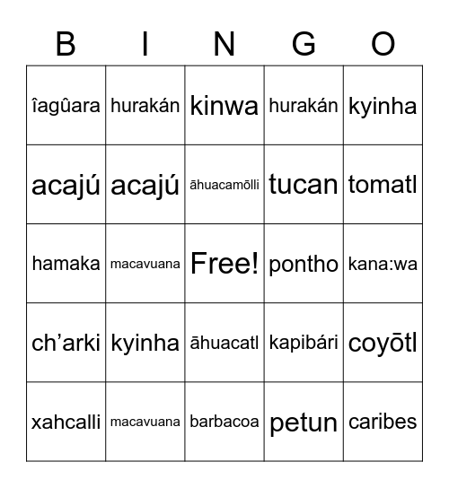 Indigenous Word Bingo Card