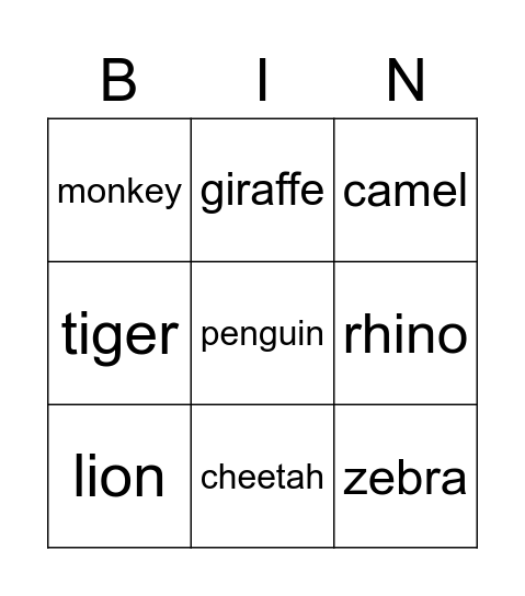 Animals Bingo Card
